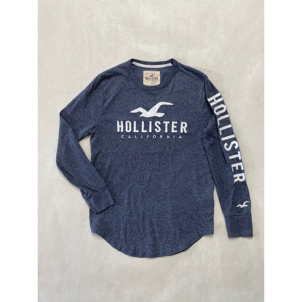 Hollister Mens Long Sleeve Graphic T-Shirt Navy Blue Heather Logo Small
